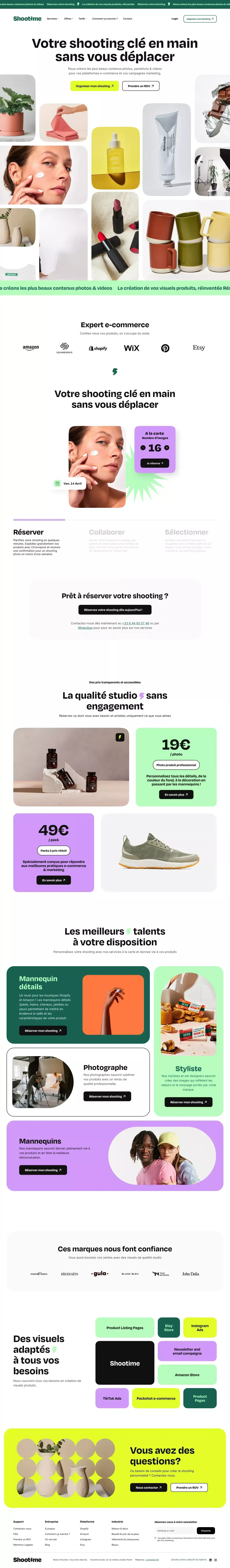 Shootime - Shooting clé en main sans vou landing page screenshot showcasing Photography design