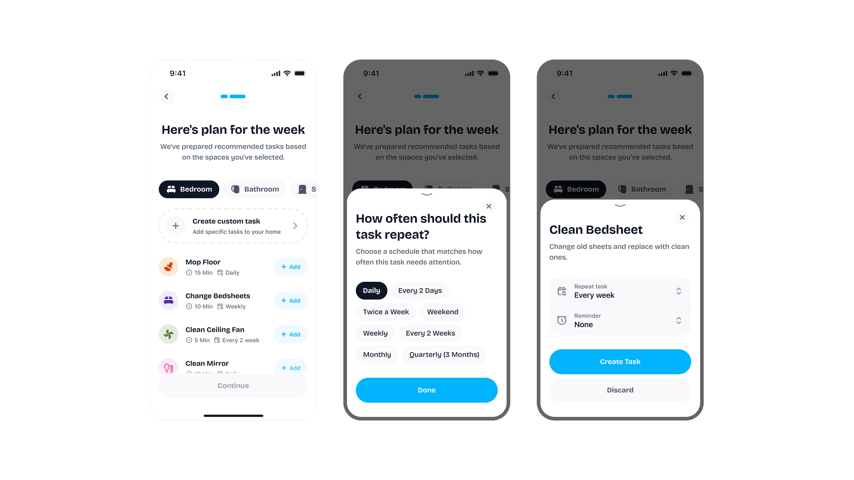 Upkee weekly task planning screens for reviewing, assigning, and completing household tasks