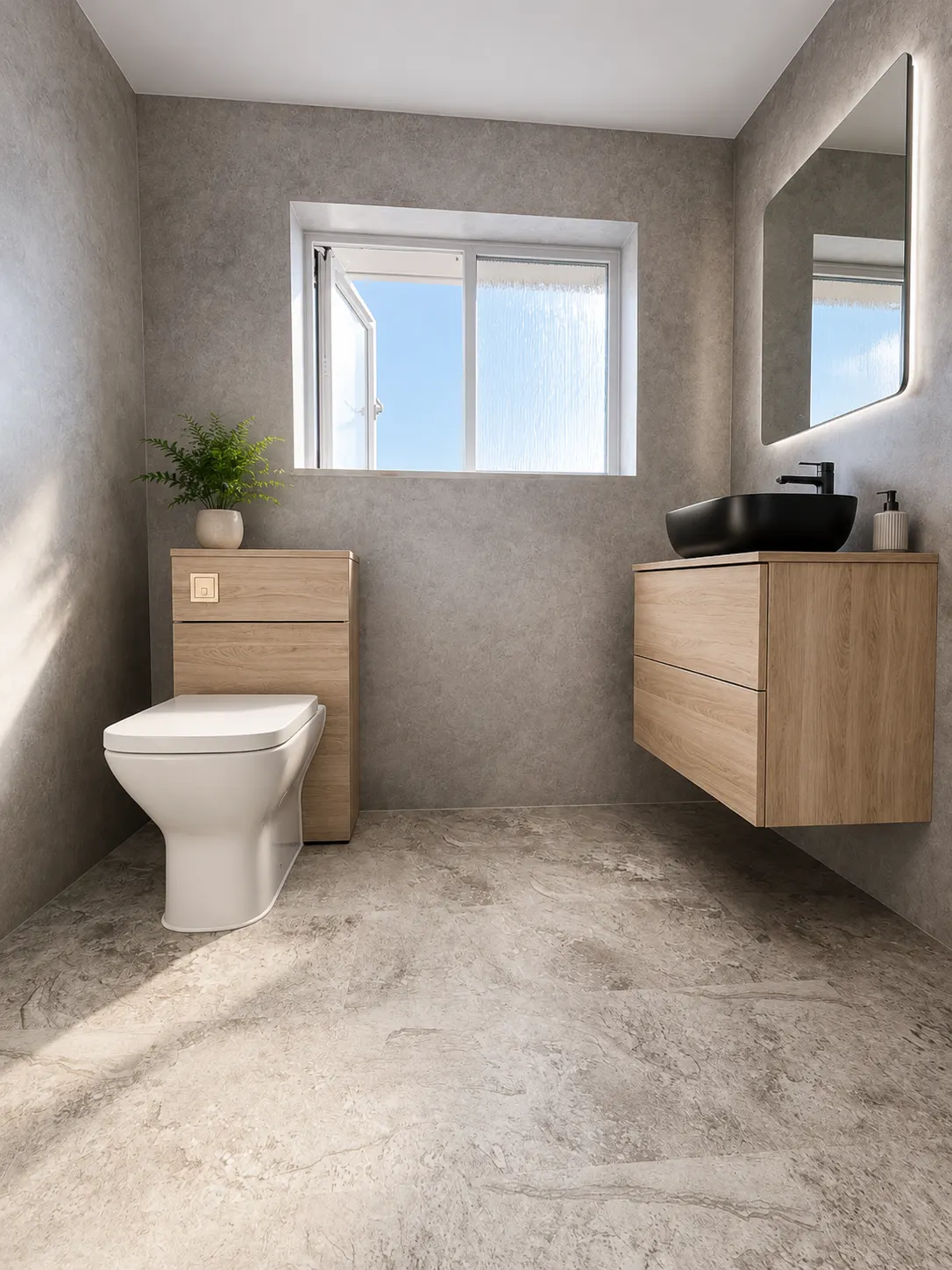 Compact family bathroom refurb with grey wet wall panels, oak vanity unit and matching WC unit, black countertop basin, and large rectangular backlit mirror