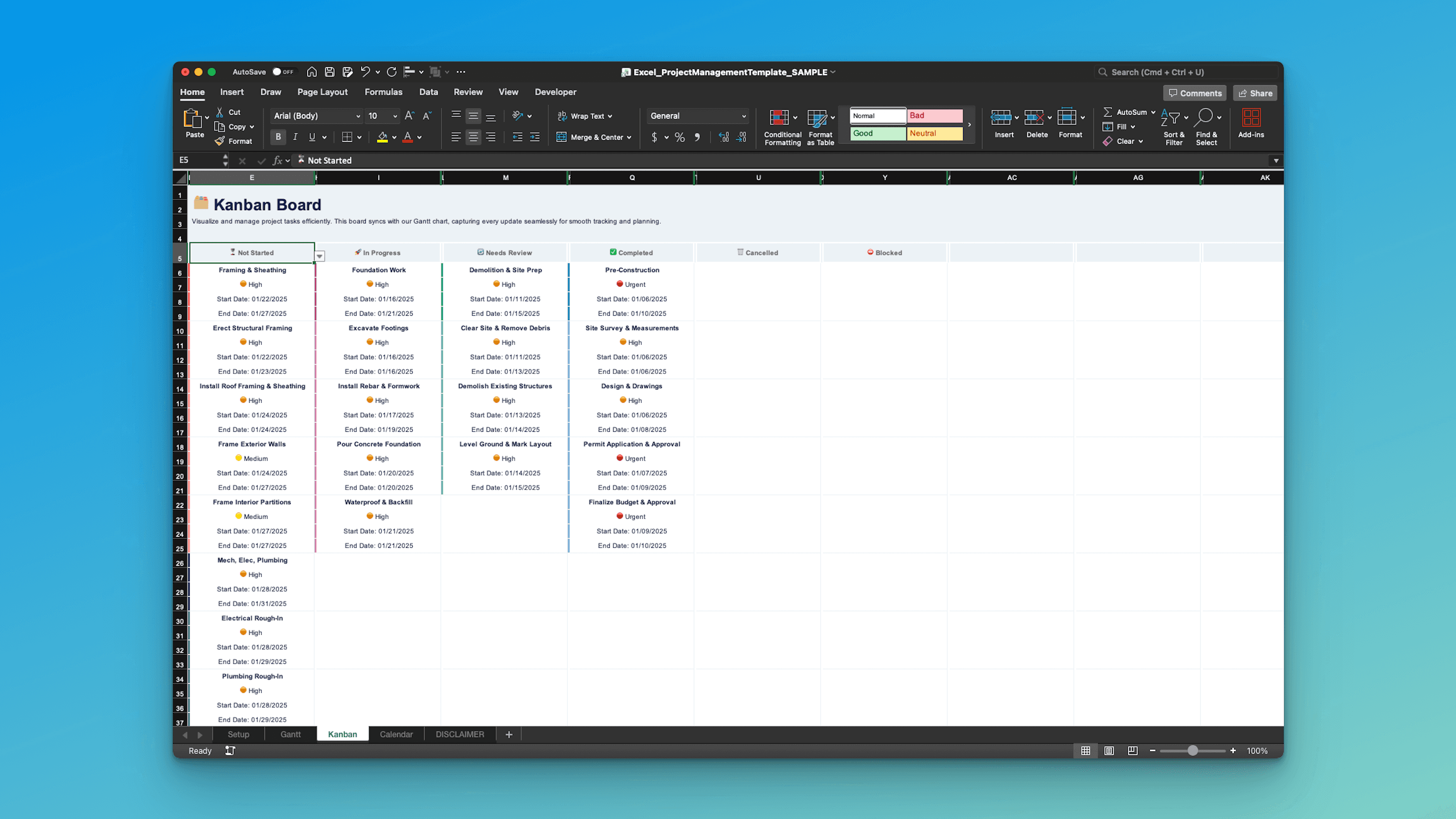 Excel Kanban board in construction project management template – task columns Not Started In Progress Completed with high priority color codes and dates