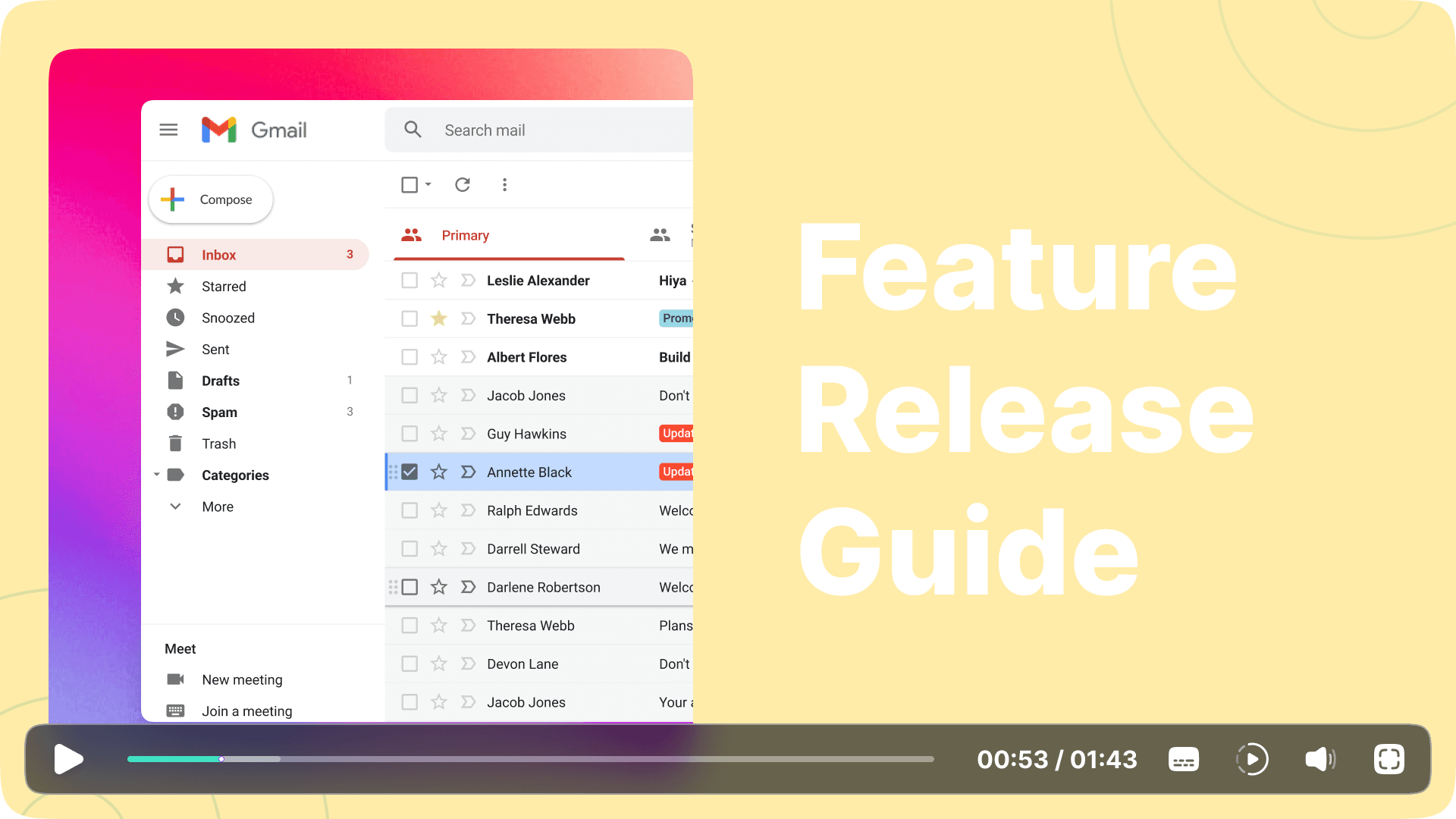 Image depicting an illustrated video player interface overlay on a yellow background, showing a Gmail inbox with a sidebar menu, and bold white text reading "Feature Release Guide."