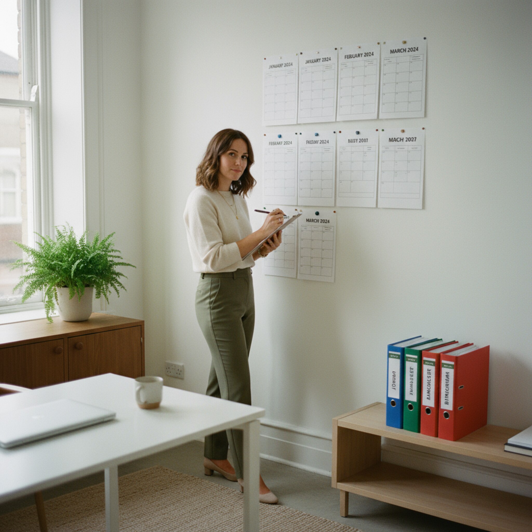 In einem ruhigen Büro hängen sauber beschriftete Monatsübersichten an einer Pinnwand, daneben stehen sortierte Ordner nach Standorten. Eine Teamleiterin notiert einen Wert auf einem Klemmbrett. Die Atmosphäre vermittelt Überblick, Verlässlichkeit und klare Verantwortlichkeiten.