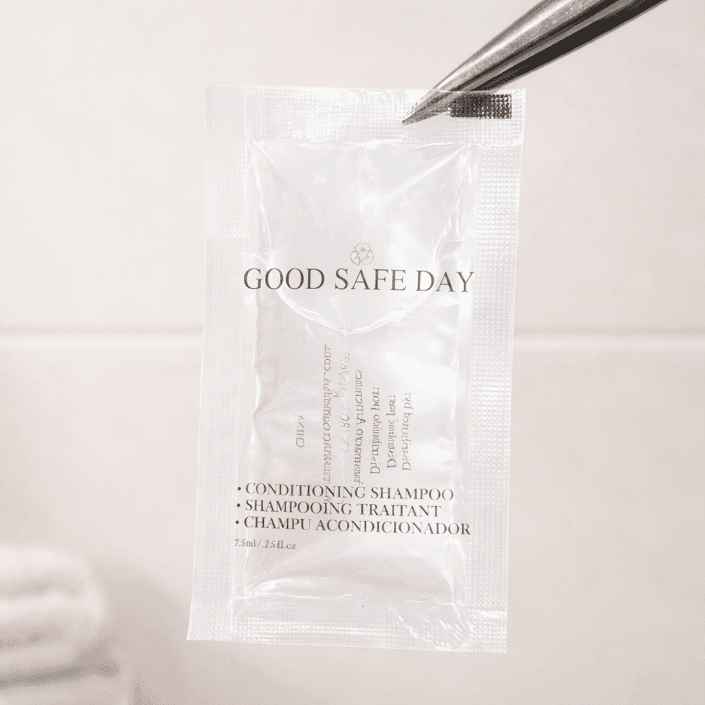 Good Safe Day™ translucent conditioning shampoo sachet by Transmacro Amenities held with stainless steel tweezers in a clean, minimal studio setting