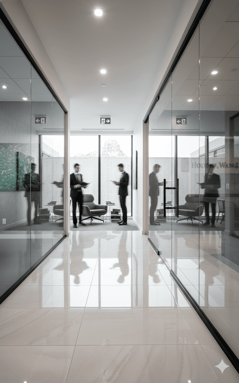 Female lawyer in front with two male lawyers in background