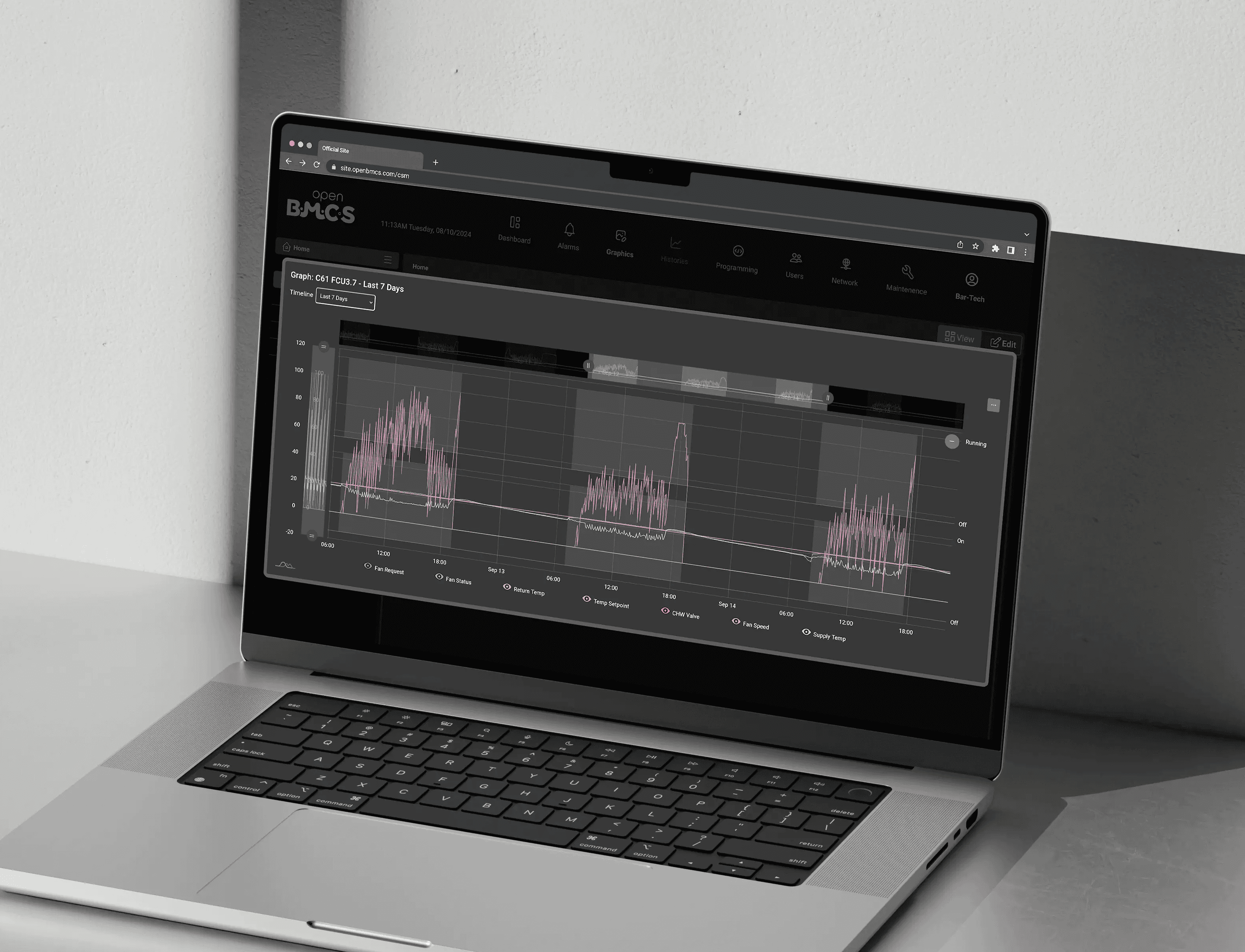 A laptop screen displaying a temperature graph from the OpenBMCS Building Management System, illustrating data trends and analytics for monitoring and control.