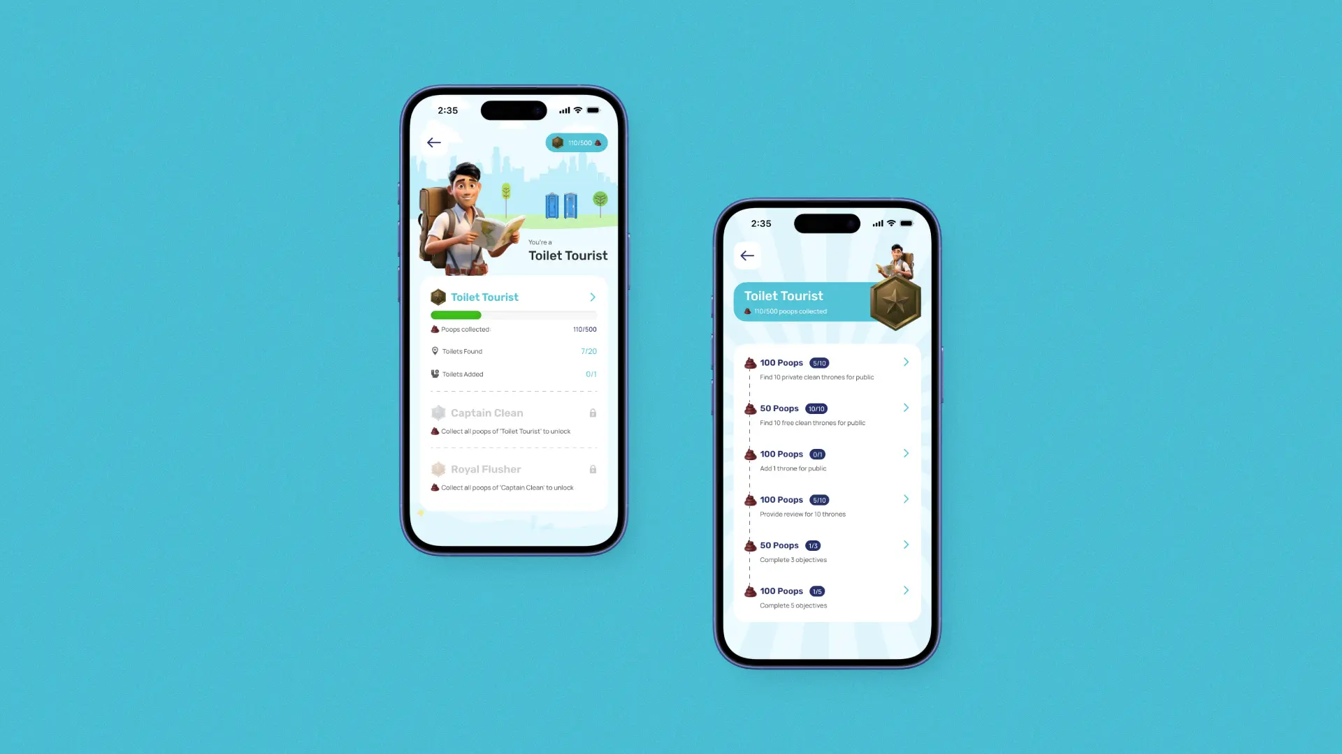 UI showcase of the rewards and badges screen, gamifying the experience of contributing community-verified restroom data.
