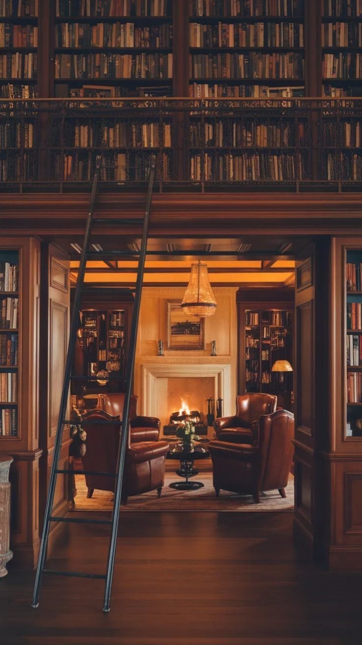 Tall library with a rolling ladder, fireplace, leather chair, globe, and warm shelf lighting.