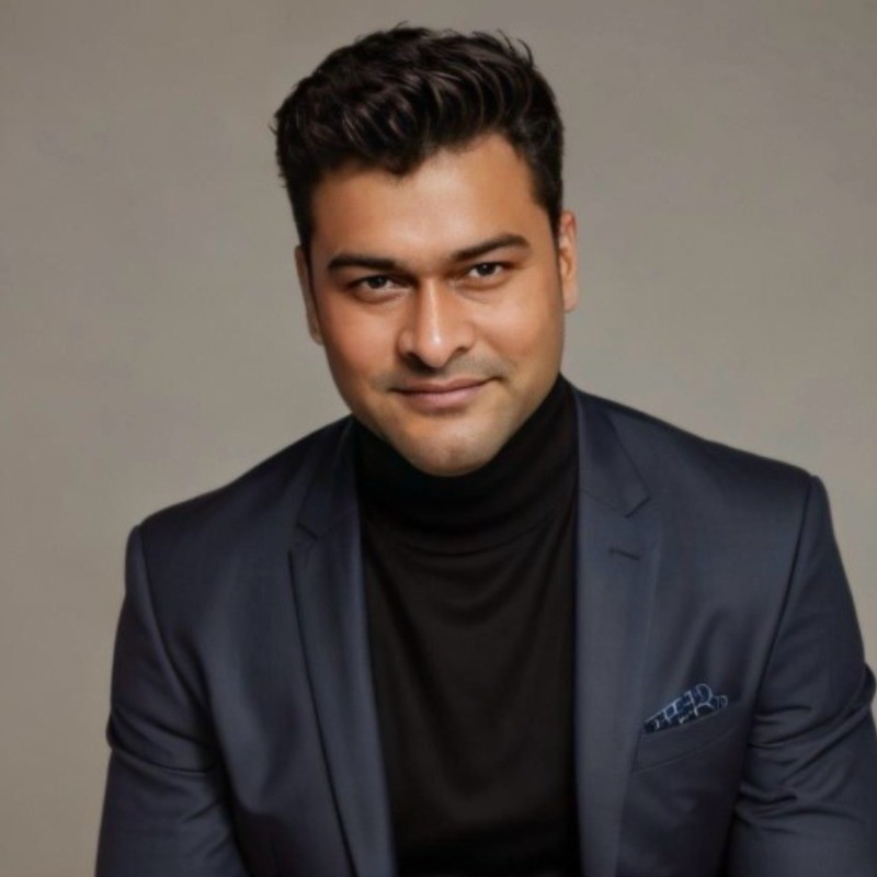 a man in a blue suit posing for a picture