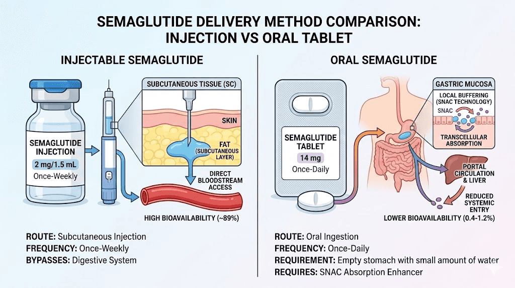 Compounded semaglutide injectable vs oral tablet comparison for MEDVi GLP-1 program