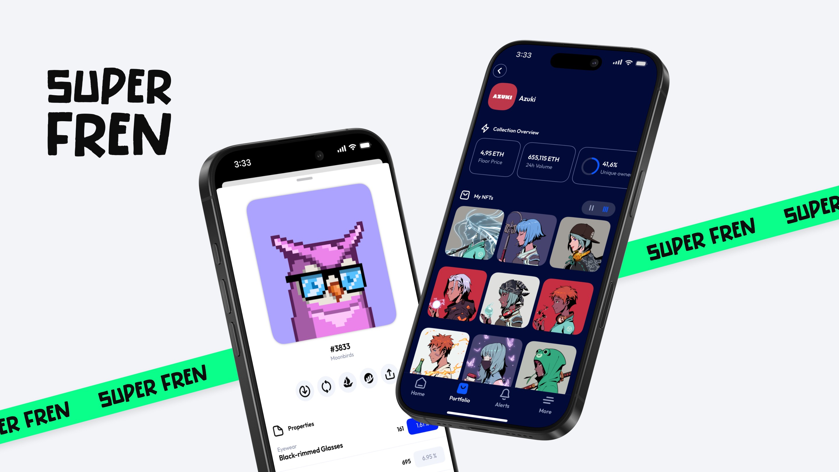 Super Fren mobile app showing Azuki collection grid in dark theme and Moonbirds NFT details in light theme