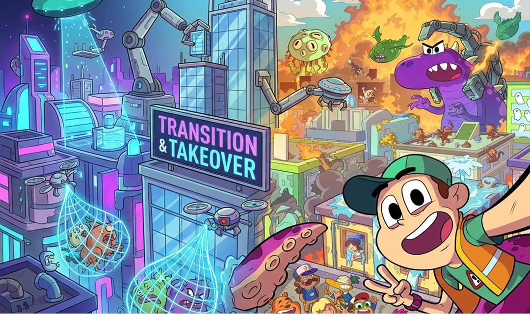 Cartoon city split between futuristic growth and monster chaos.