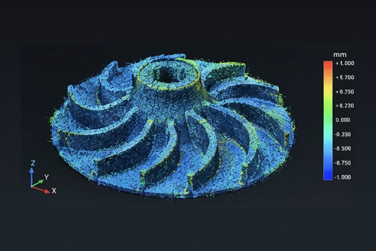 Colour coded 3D scan of an impeller showing surface measurements