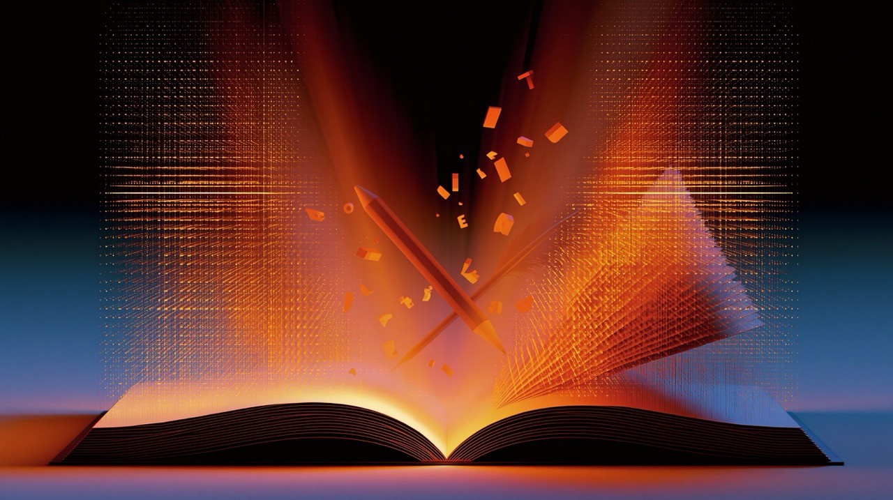 Open book radiating structured golden light beams,