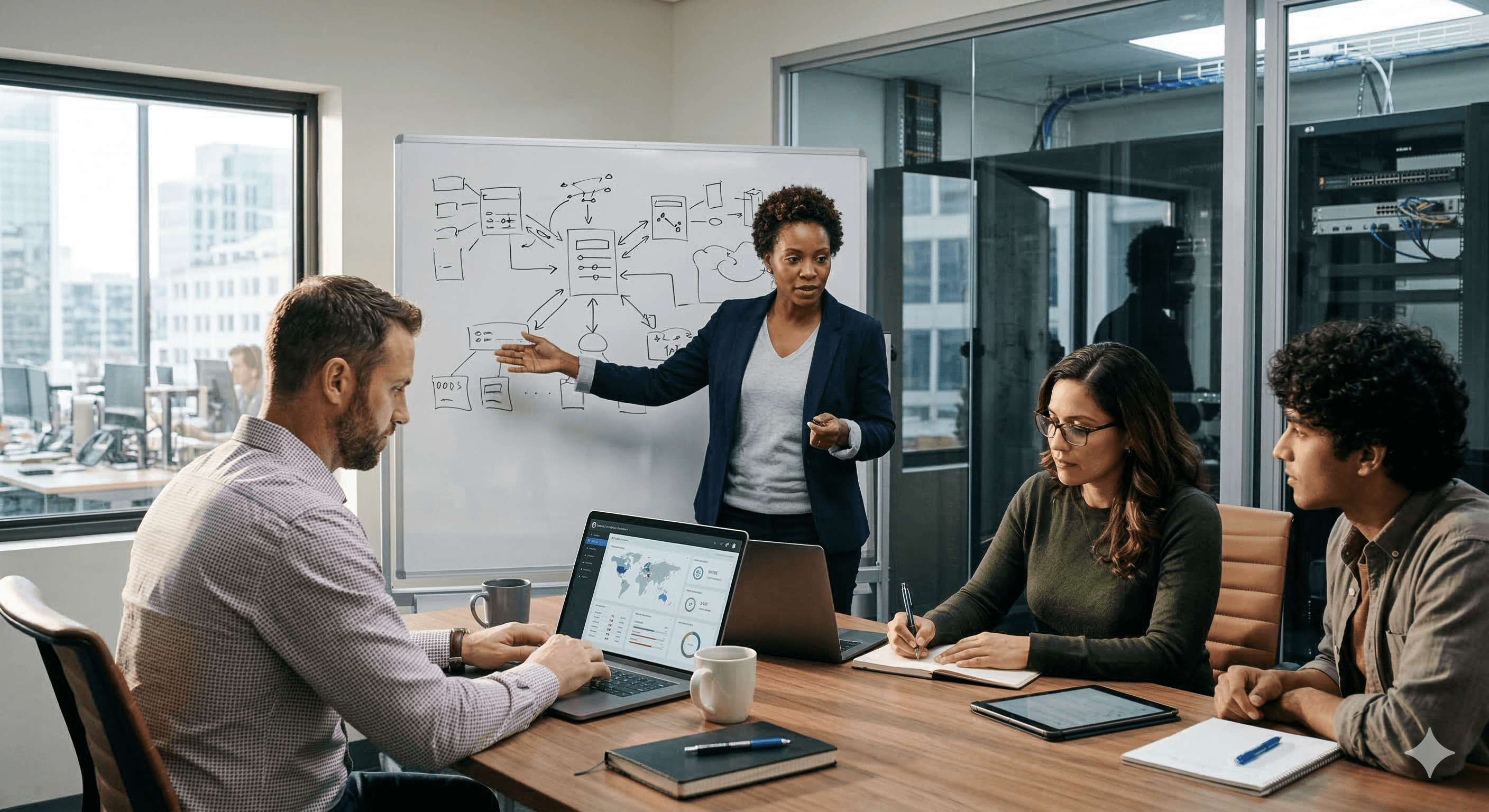 A business meeting unfolds as a professional presents complex network diagrams on a whiteboard to colleagues using laptops and tablets in a modern office setting, highlighting collaborative work.