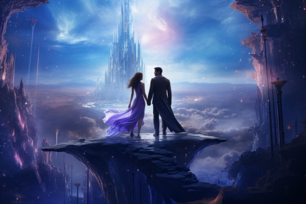 A couple holding hands on a ledge overlooking a glowing fantasy castle
