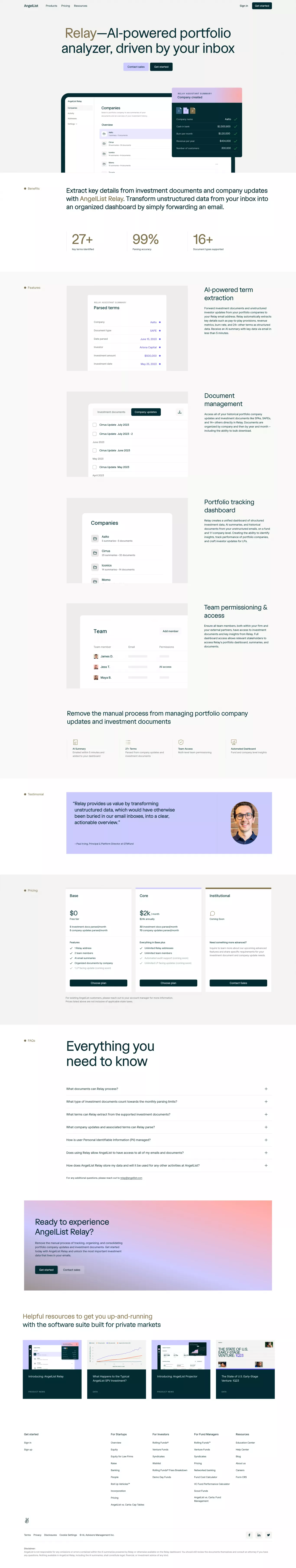 Relay landing page screenshot showcasing Tech and Finance design