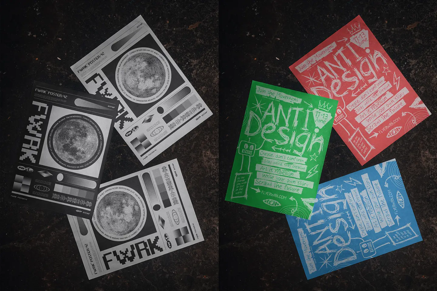 A4 poster mockup on concrete floor showcasing vibrant green, red, and blue anti-design graphics