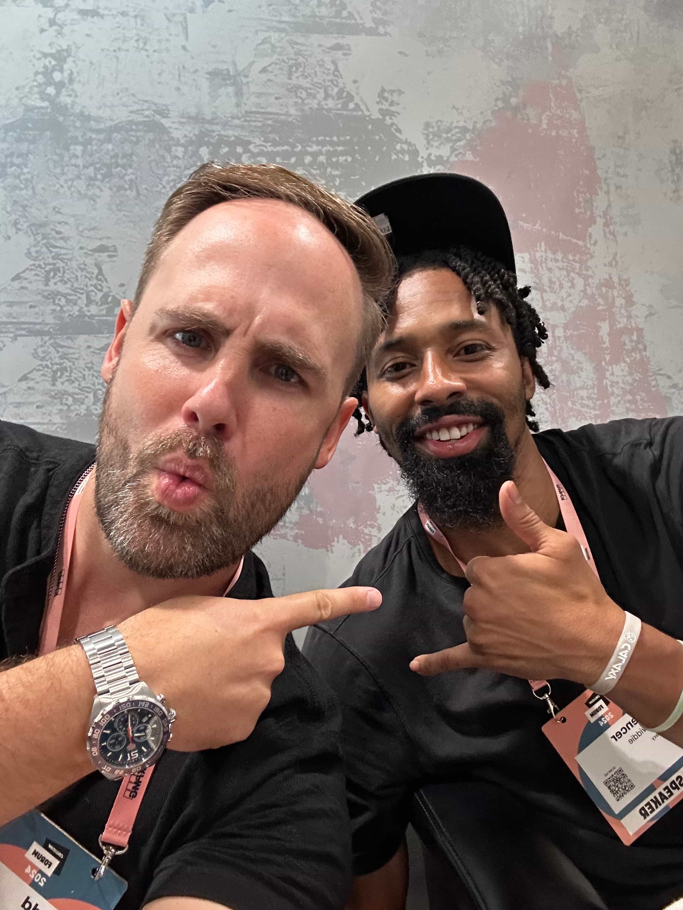 Designer Chadd Weston posing with Calaxy co-founder and NBA player, Spencer Dinwiddie