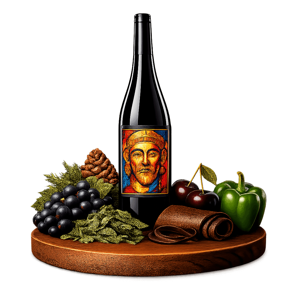 Artistic label and flavor profile for Thrace Cabernet Sauvignon on a rustic wooden table.