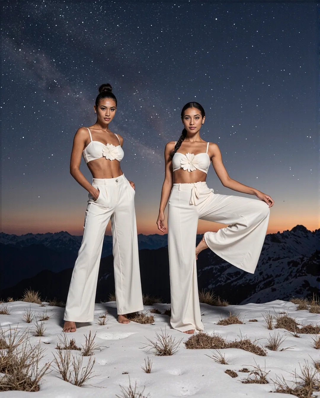 Two models in white outfits pose on snowy mountain terrain against a starry night sky with mountain silhouettes in background