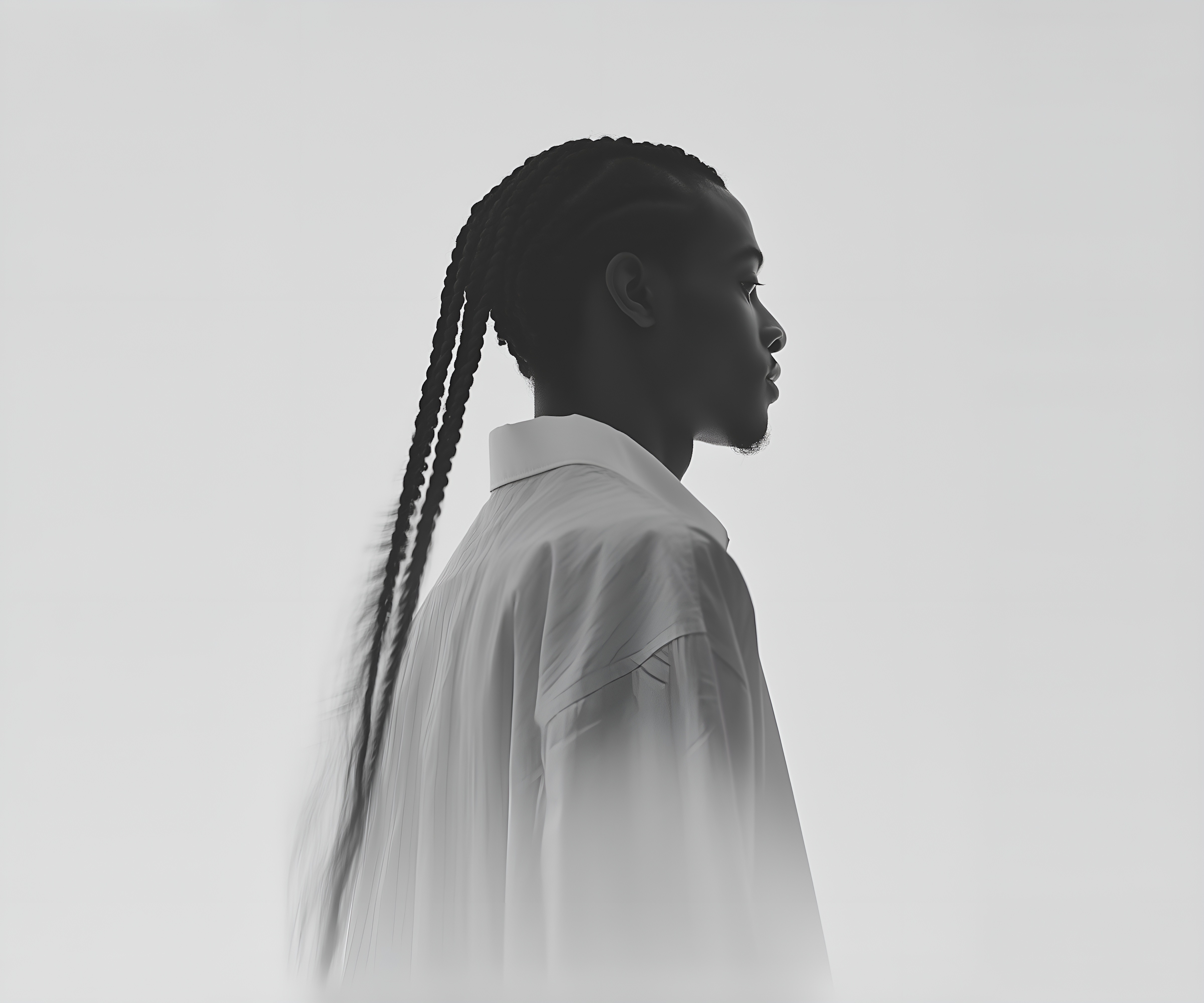 Minimalist profile shot of a man with long braids and a white shirt, set against a soft, light background.
