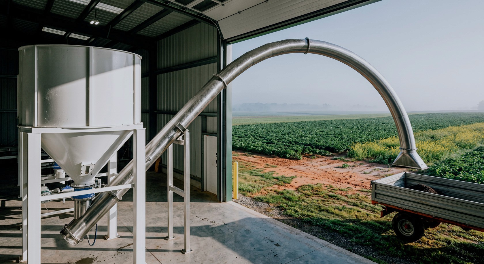Sistema de procesamiento agrícola con tolva de descarga blanca y tubería metálica, vista abierta hacia campos verdes de cultivo y montañas.