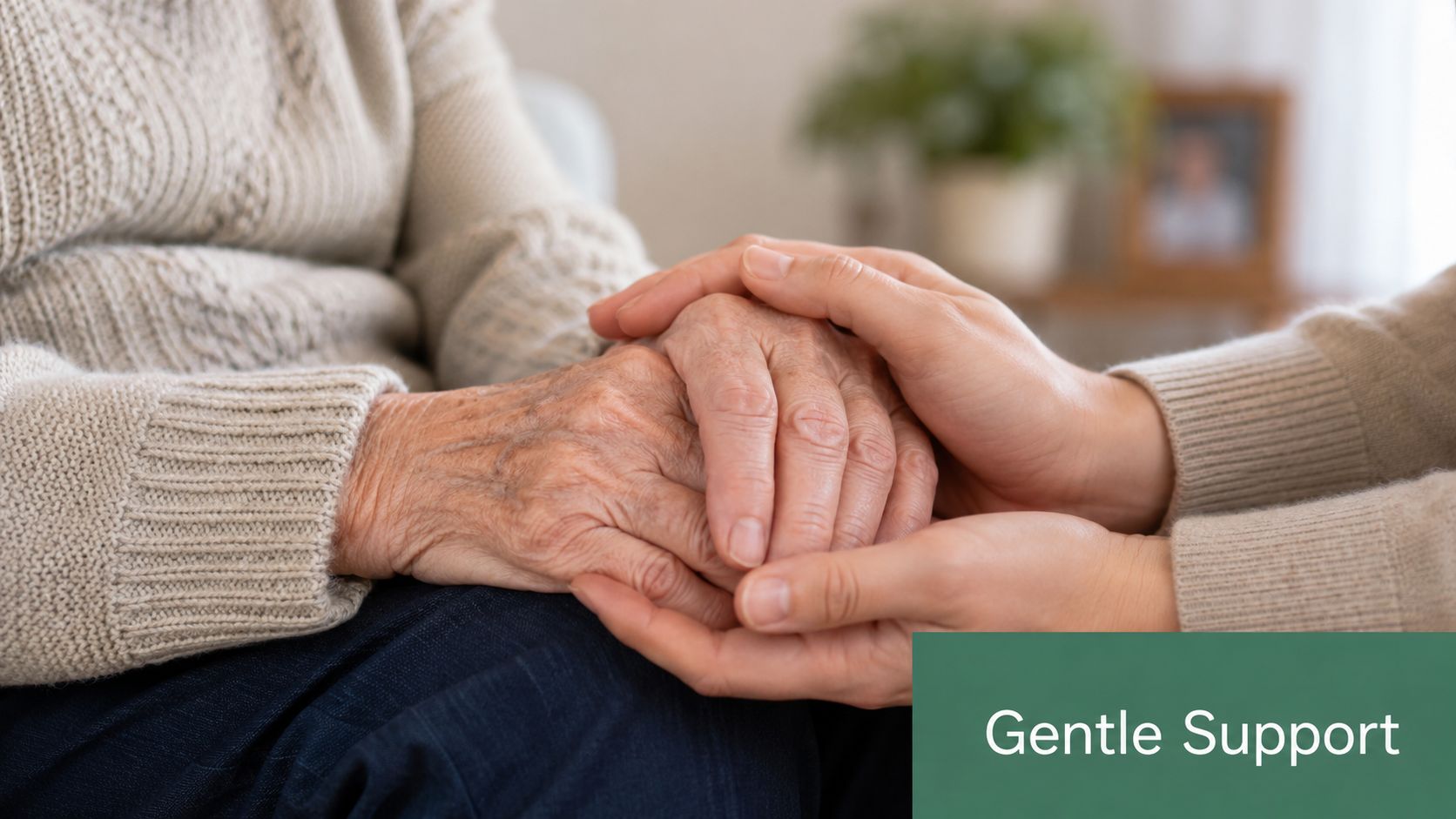 A caring person gently holding the hands of an elderly person to provide comfort and support.