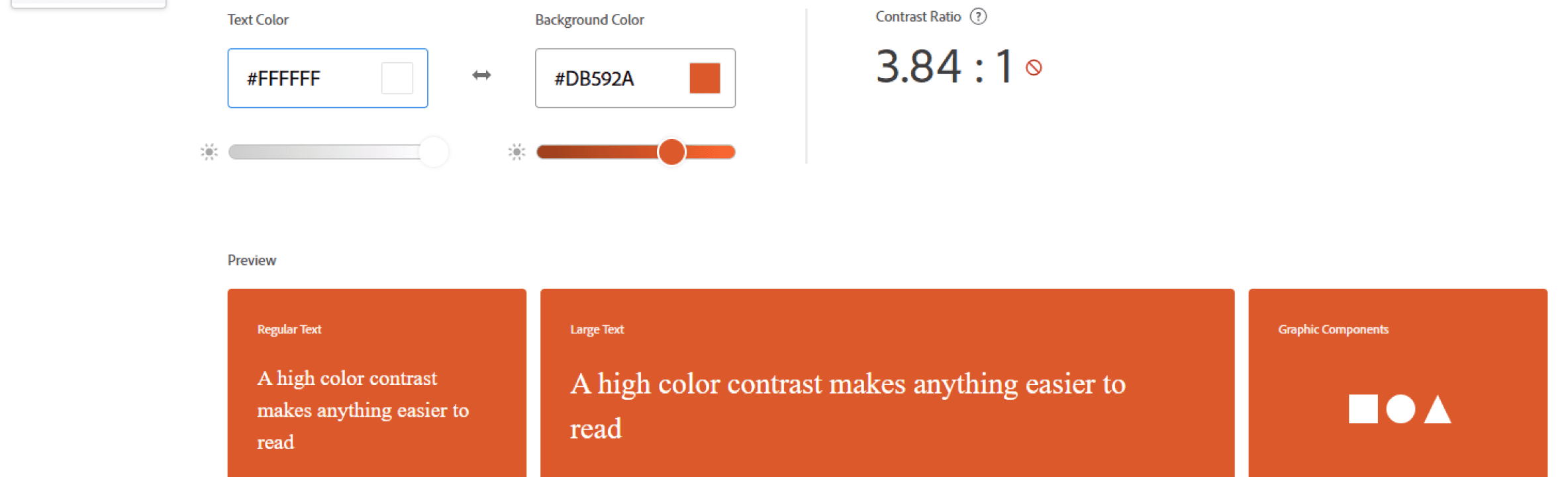 Contrast checker tool of Adobe Color, with previews using default text