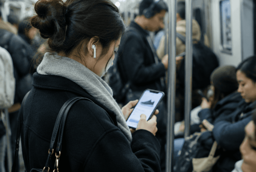Shopper on a commuter train buying sneakers on her phone