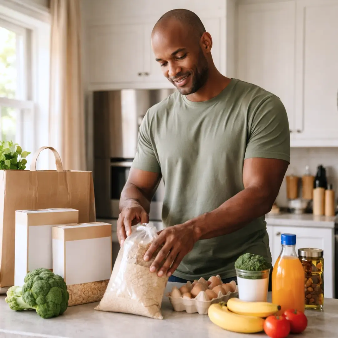 A man unpacks a grocery haul on his kitchen counter, surrounded by staples including grains, broccoli, eggs, fruit, and juice. Track the Coles prices of your weekly groceries with Whisprice and buy when the price drops.