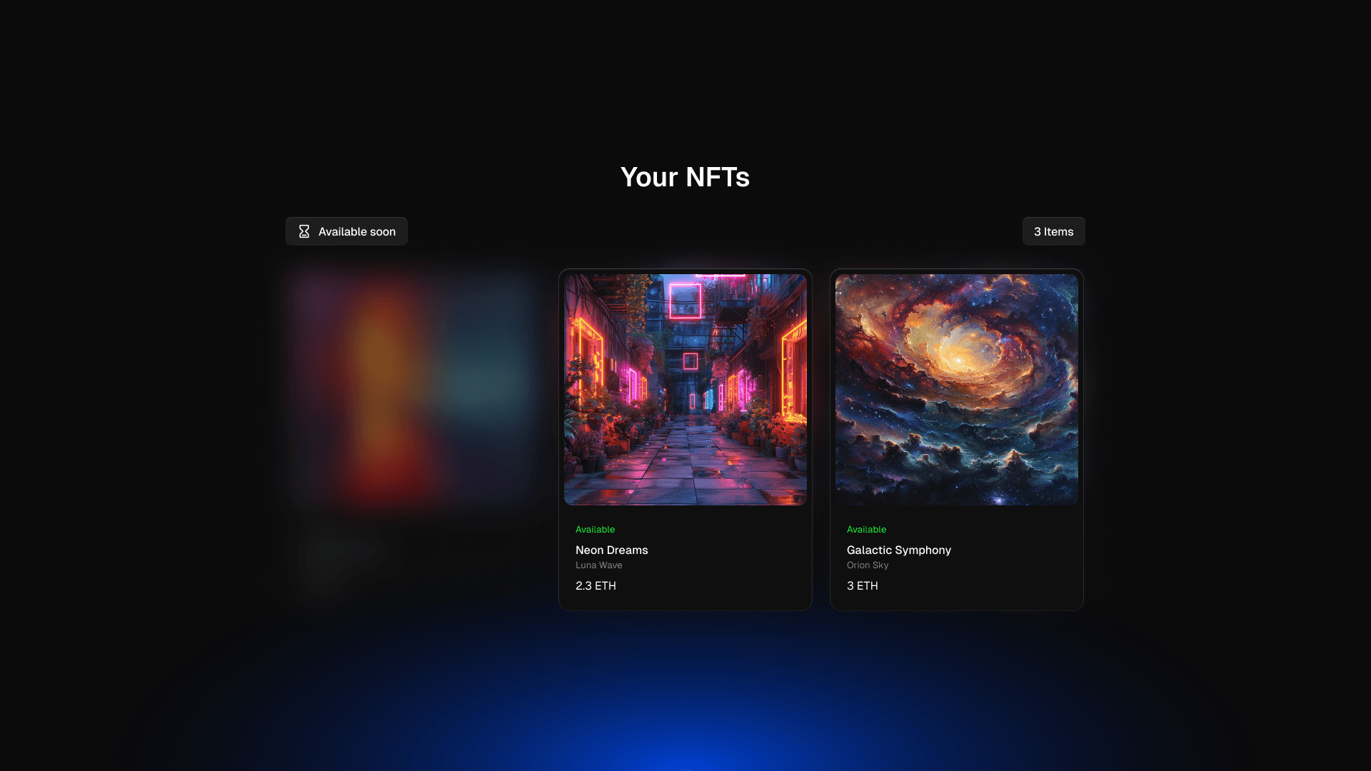 NFT gallery displaying digital collectibles with filters, item details and purchase options.