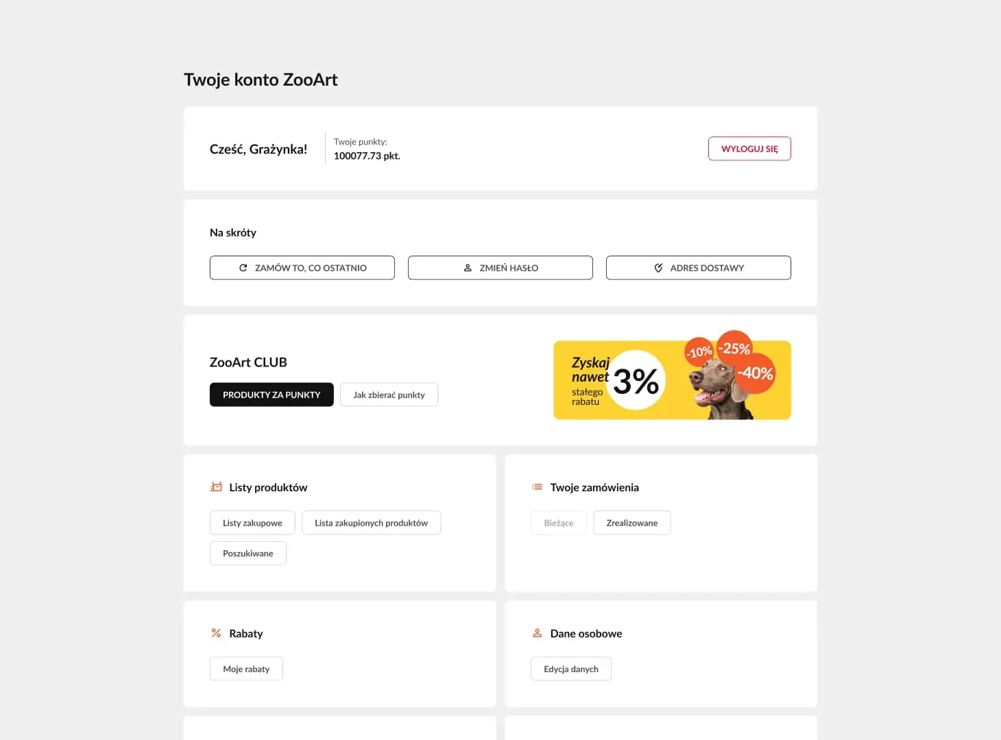 Desktop view of the "Your ZooArt Account" dashboard, showing user points, navigation shortcuts, a loyalty club banner, and sections for order history and personal data.
