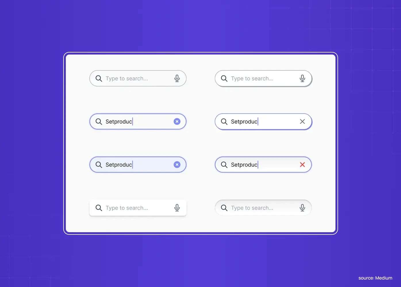 Examples of search bar states, including default, active, typing, voice input, and clear actions.