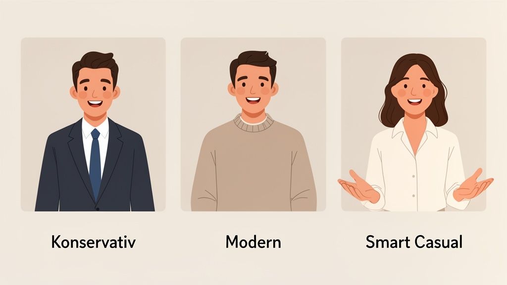 Drei Personen illustrieren verschiedene Dresscodes: konservativ (Anzug), modern (Pullover) und Smart Casual (Hemd).