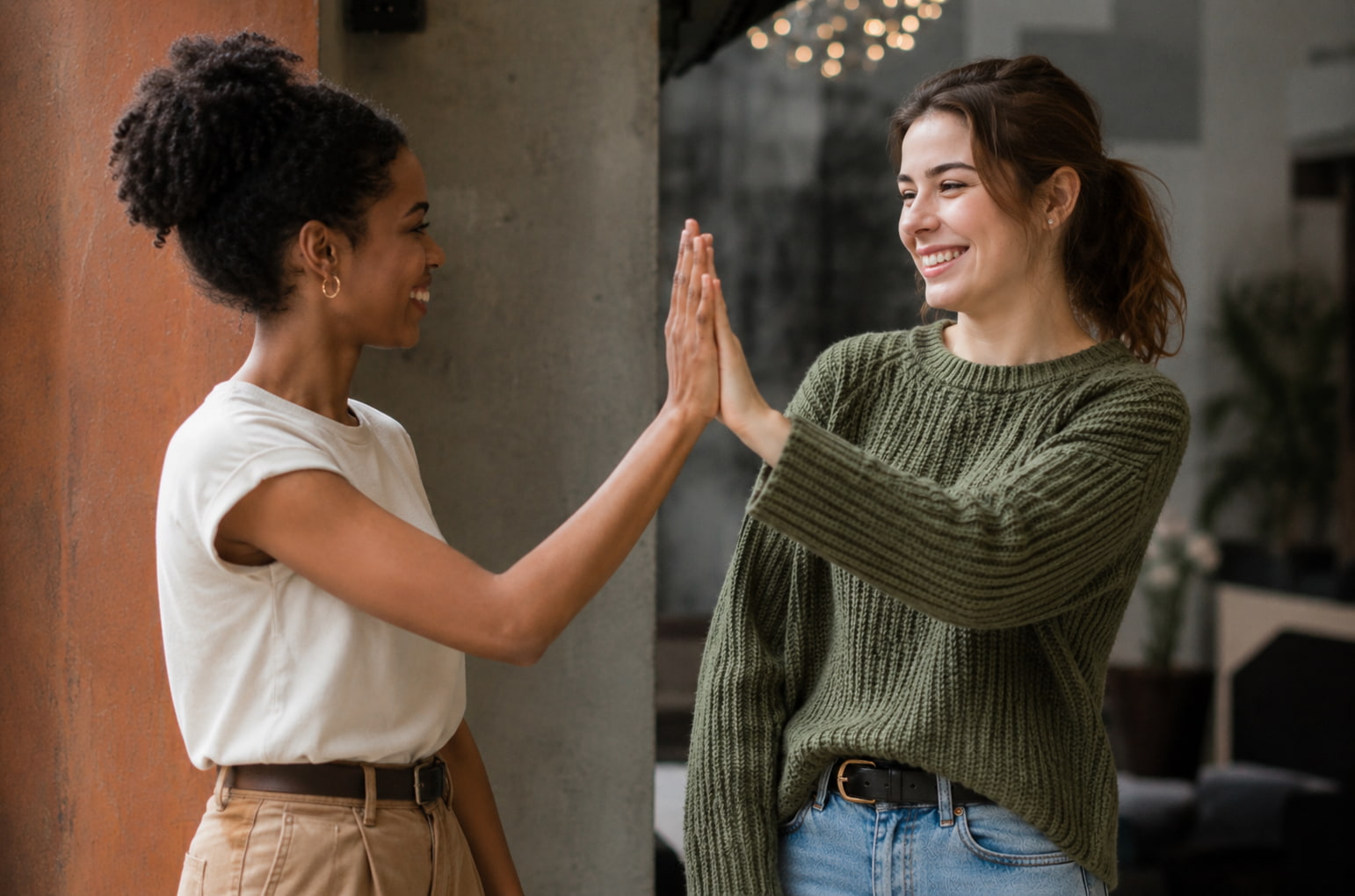 Two women building interpersonal connection through friendly and supportive social interaction
