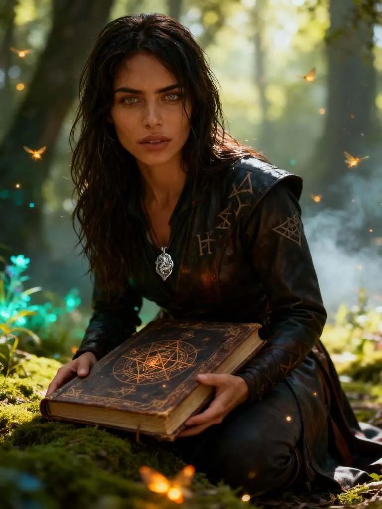 sora2 fantasy mage reading magic book forest