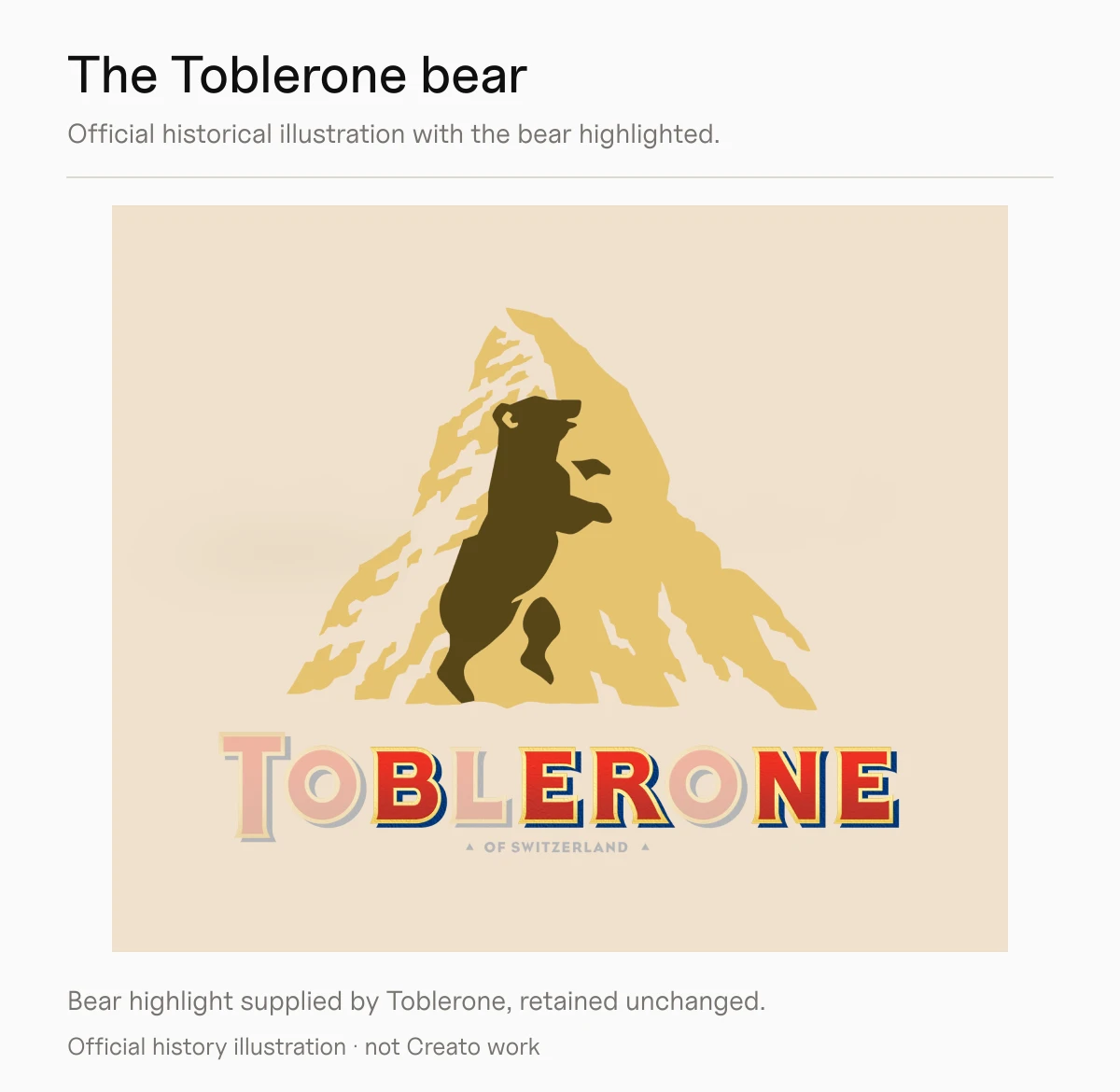 Toblerone’s official history illustration highlights a standing bear within its mountain emblem and emphasises the letters spelling Berne in the name.