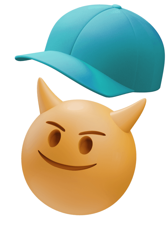 A cheerful emoji with a mischievous smirk, wearing a light blue cap.