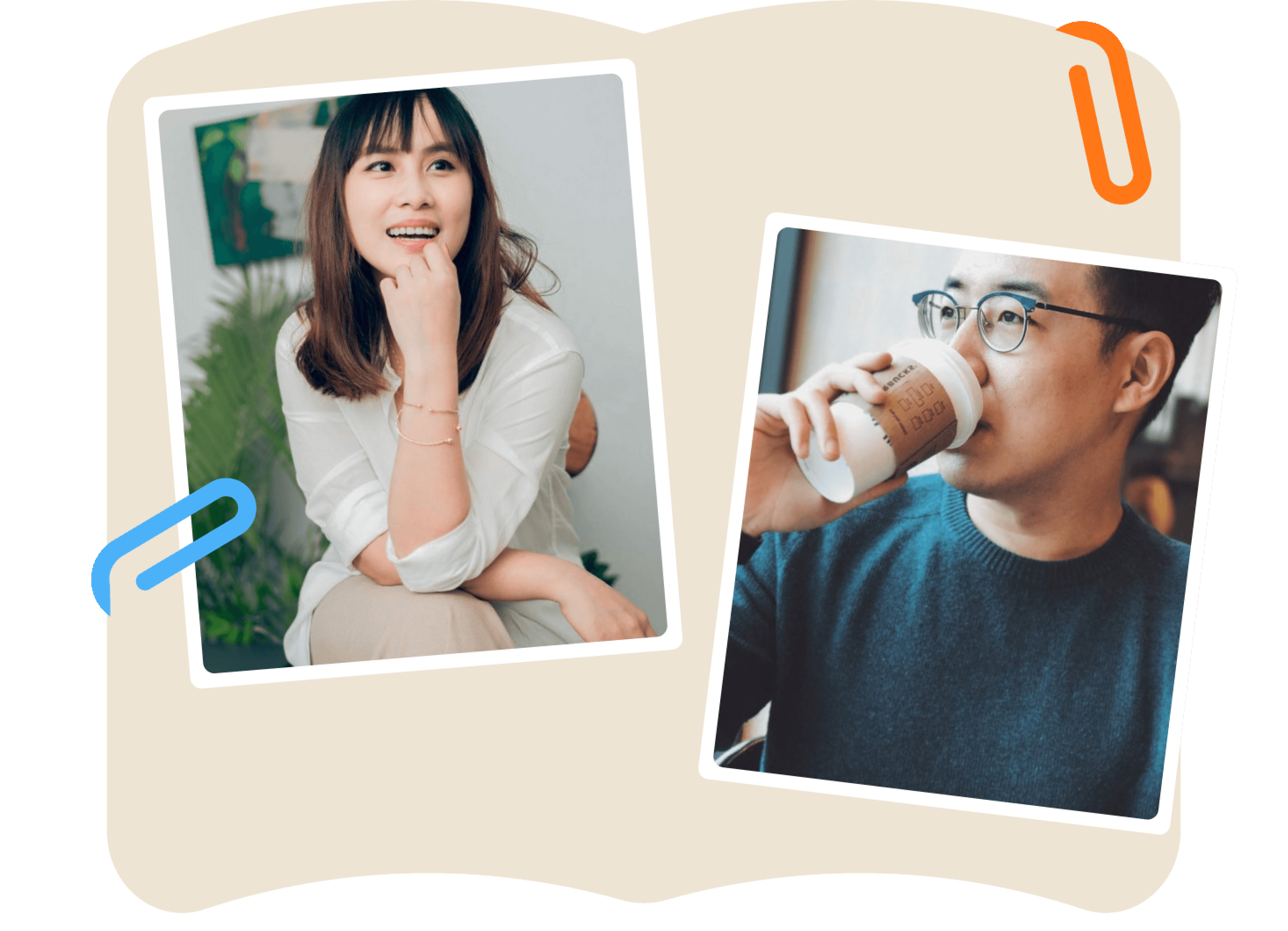 Two candid photos are placed on an open album: on the left, a person with shoulder-length hair and a white shirt smiling thoughtfully; on the right, a person in glasses and a dark sweater drinking from a disposable coffee cup.