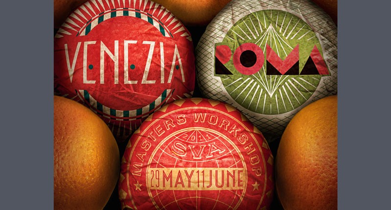 A poster showing oranges, some of them wrapped in red, green and white paper with text Venezia Roma Masters Workshop.