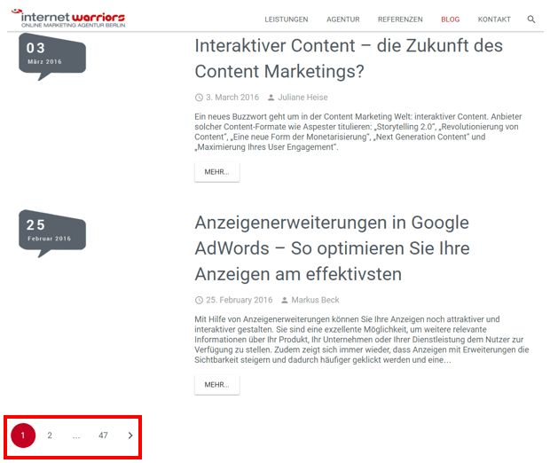 Blogseite der internetwarriors GmbH mit der Darstellung von paginierten Seiten per Nummerierung