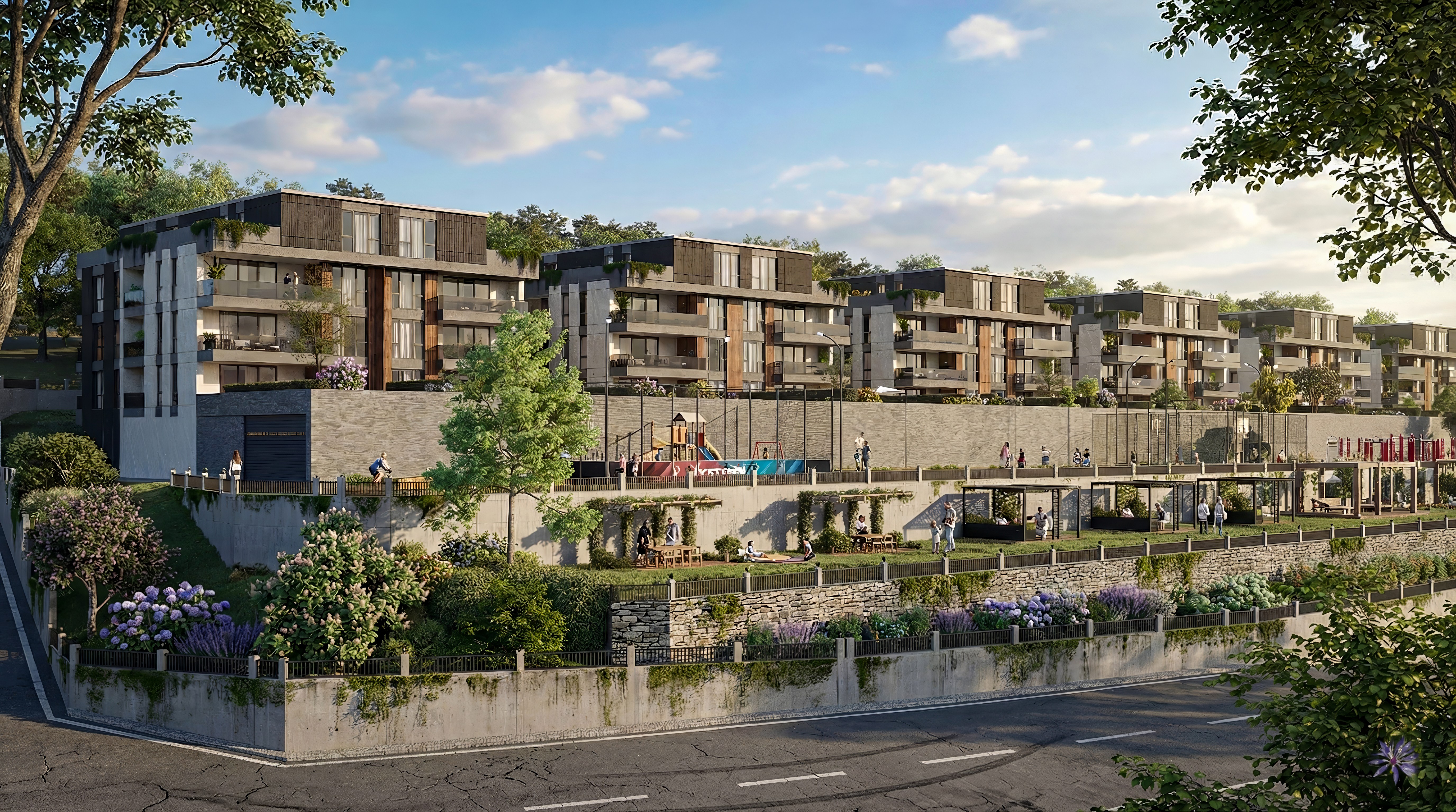 Exterior view of timber façade covered in frost, soft morning light through overcast sky.