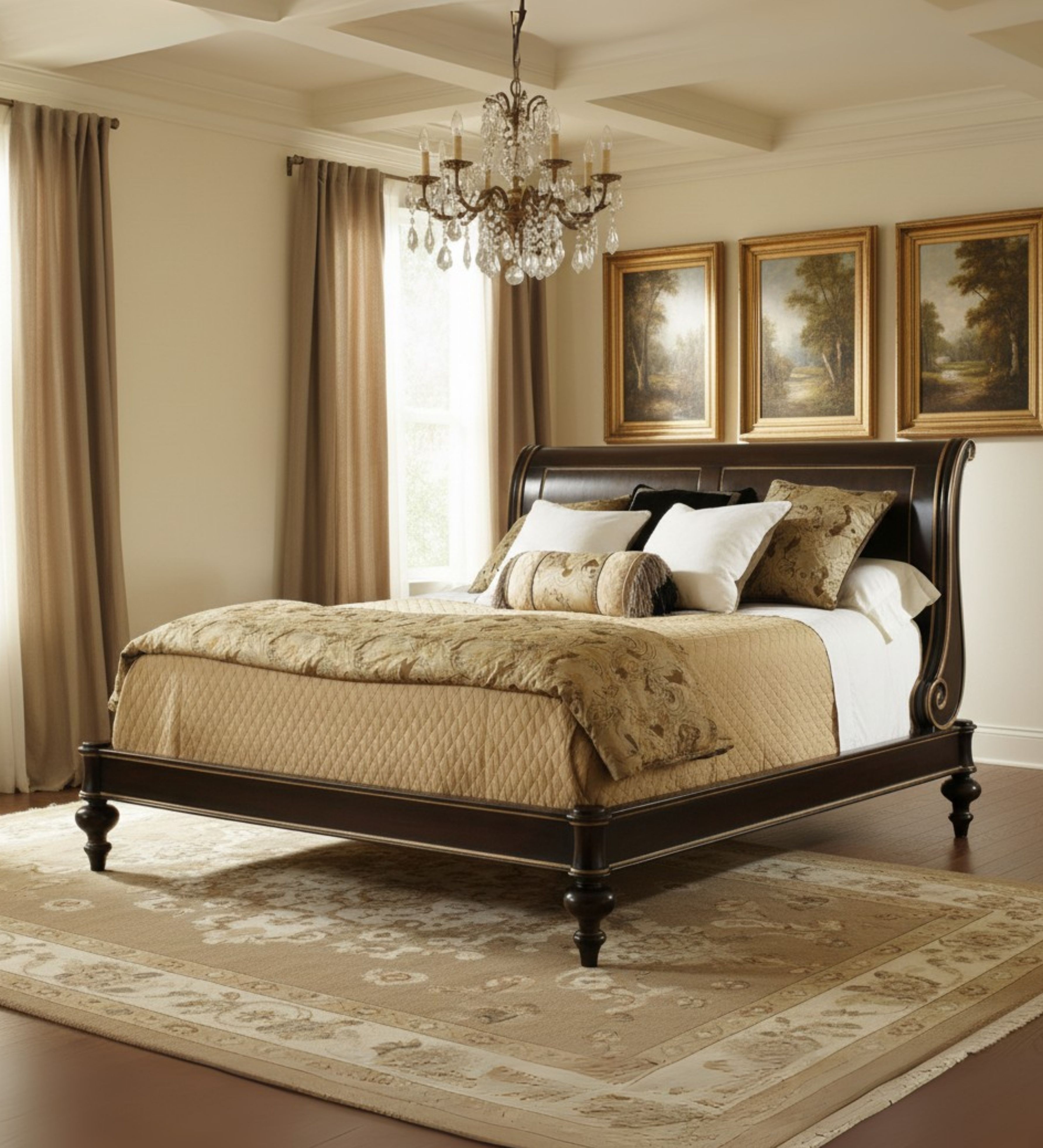 Sleigh bed featuring curved wooden headboard and footboard with turned legs