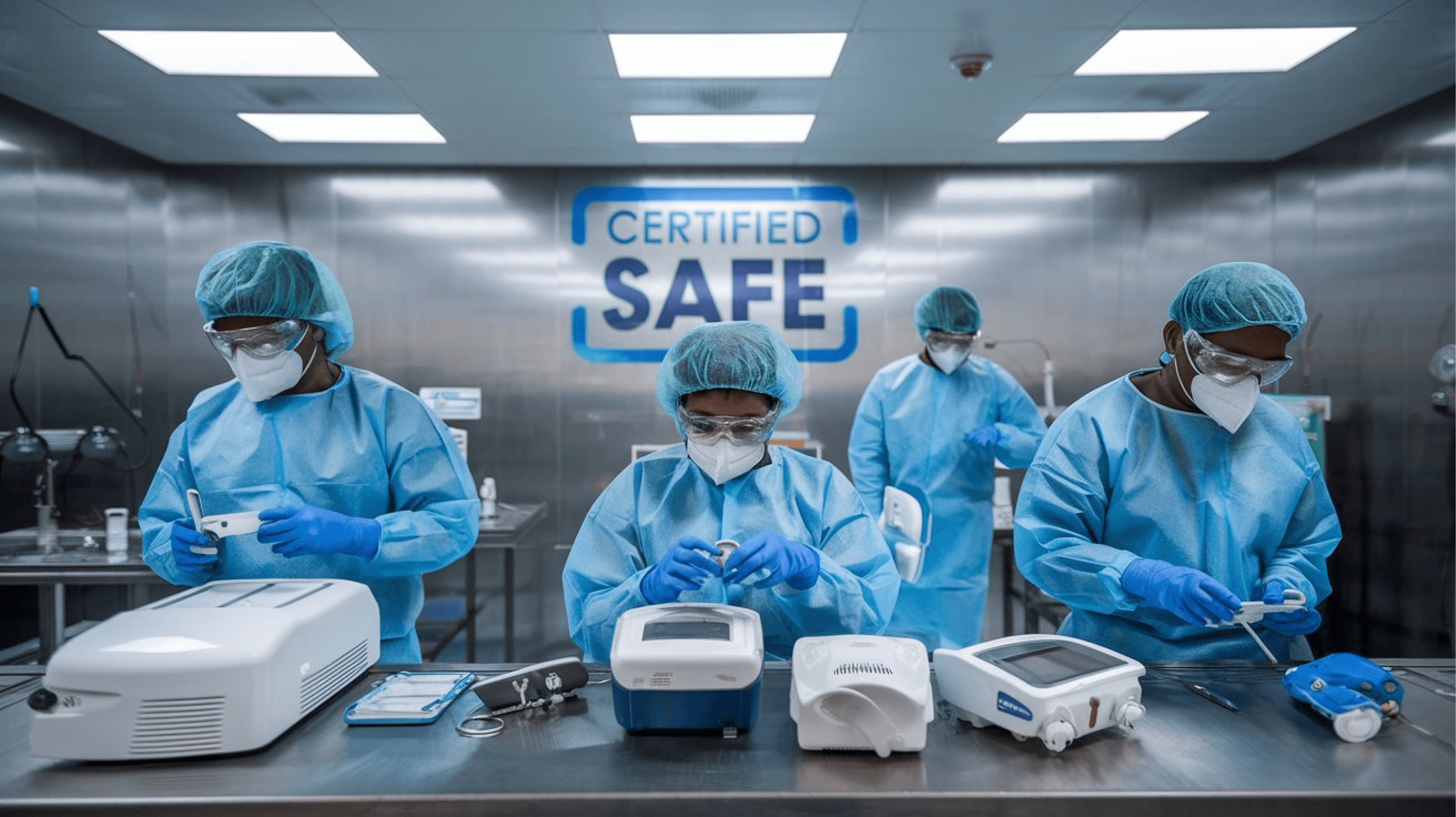 Healthcare professionals inspecting and certifying refurbished medical devices in a cleanroom