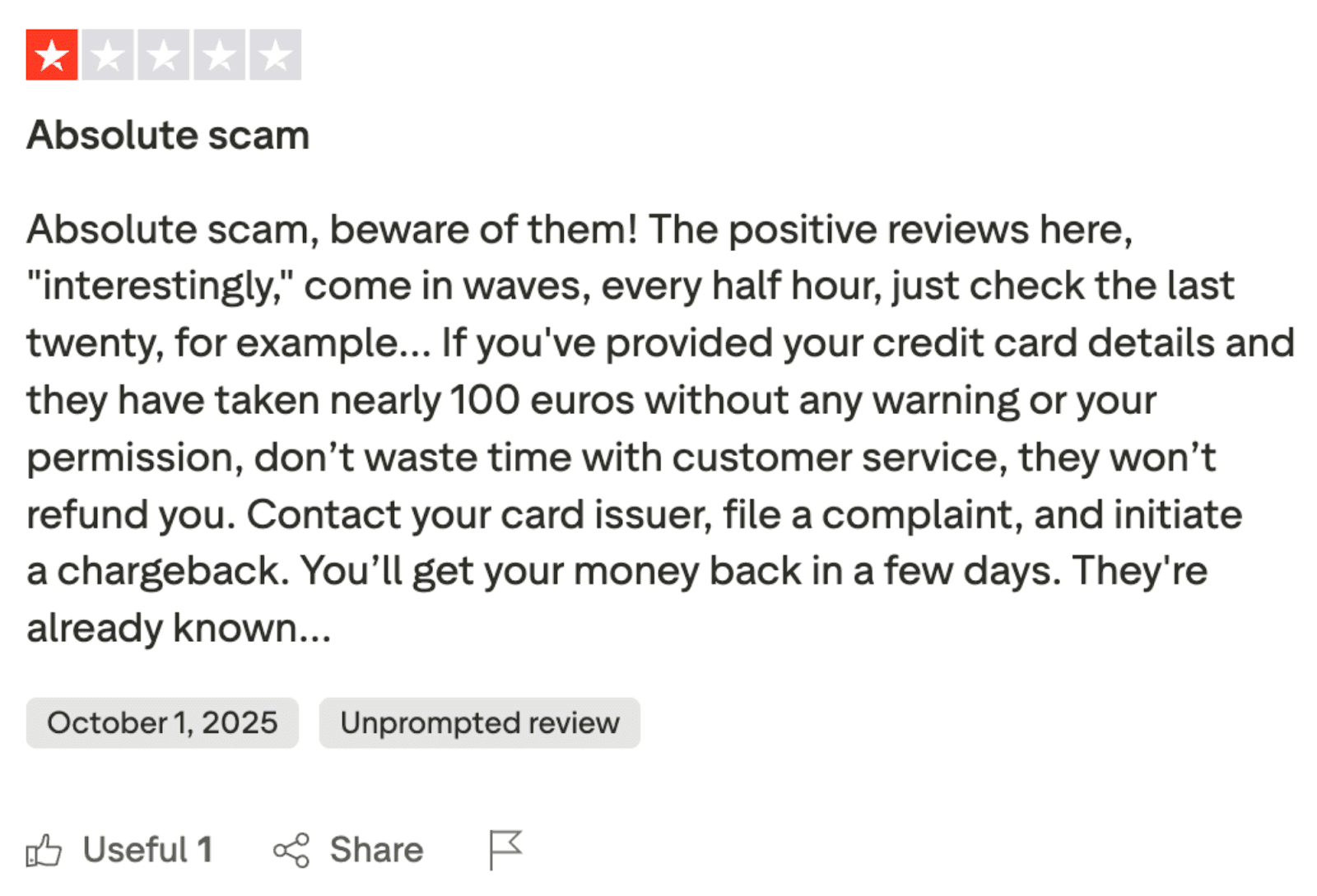 One-star Trustpilot review for Dropship.io titled "stay away from this service" regarding a refused refund