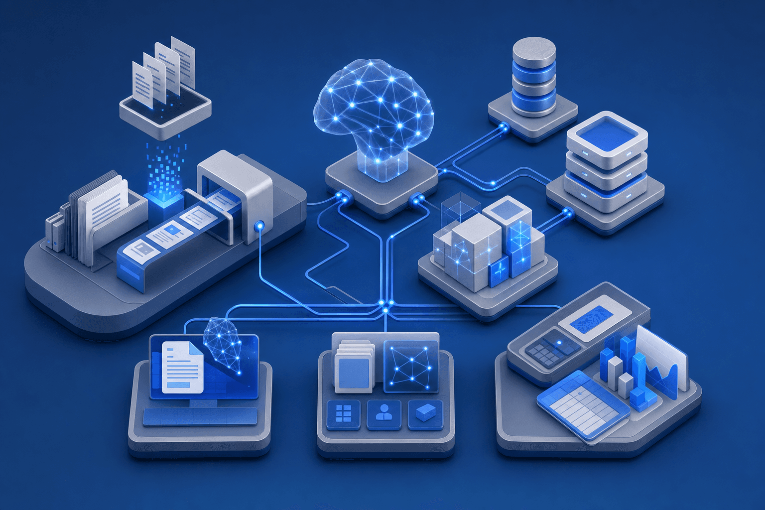 Modern AI system architecture diagram showing interconnected modules for government contract workflow, with neural network nodes, data pipelines, and document processing layers. Clean, technical illustration with blue and gray color scheme, isometric perspective, showing integration between capture planning, proposal development, and pricing systems. Professional technical diagram style without any text or labels.