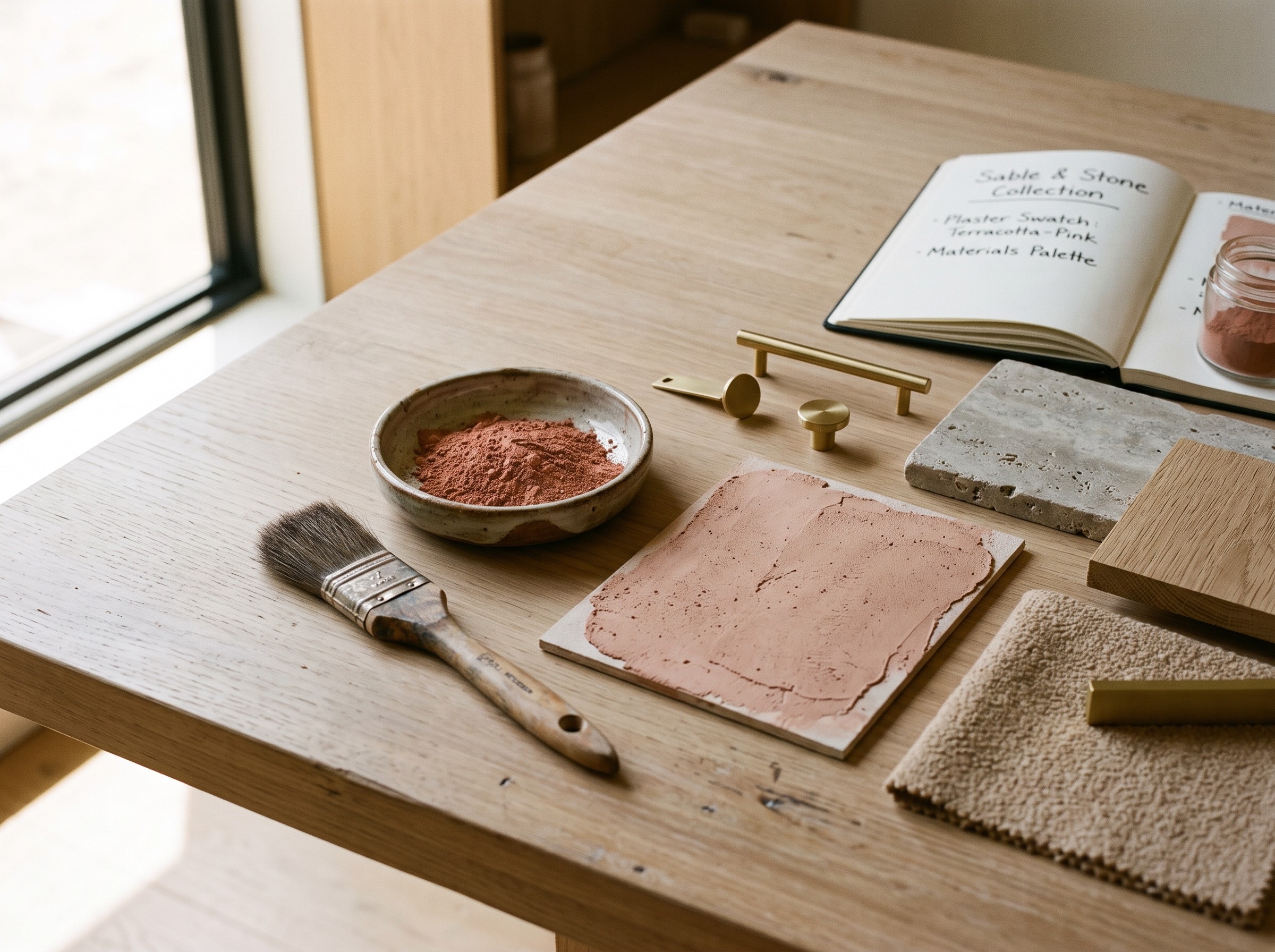 Pigment dish and paintbrush beside a plaster test swatch.
