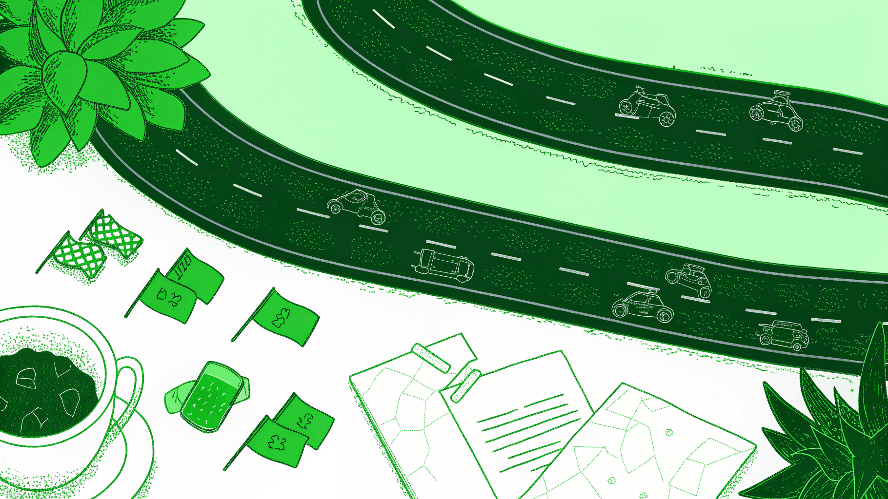 Long winding road with legal milestone icons leading to a settlement check envelope