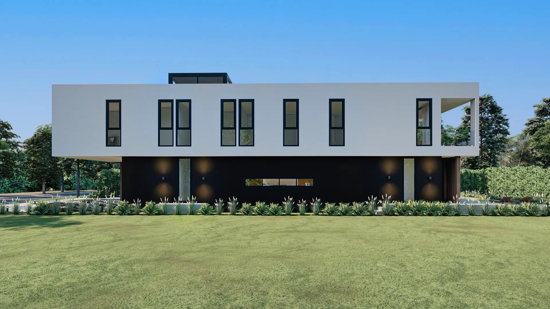 Side exterior of three-story modern residence with large lawn, Miami Florida