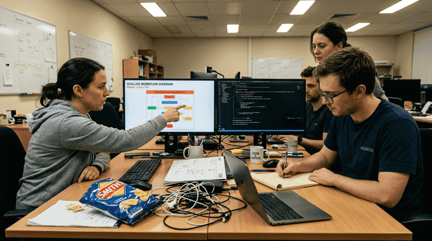 Software team debugging AI workflow issues